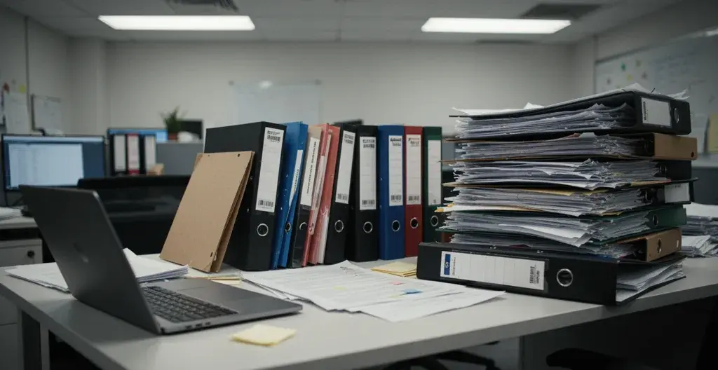 Bureau professionnel avec classeurs et dossiers représentant la charge administrative de création d'entreprise