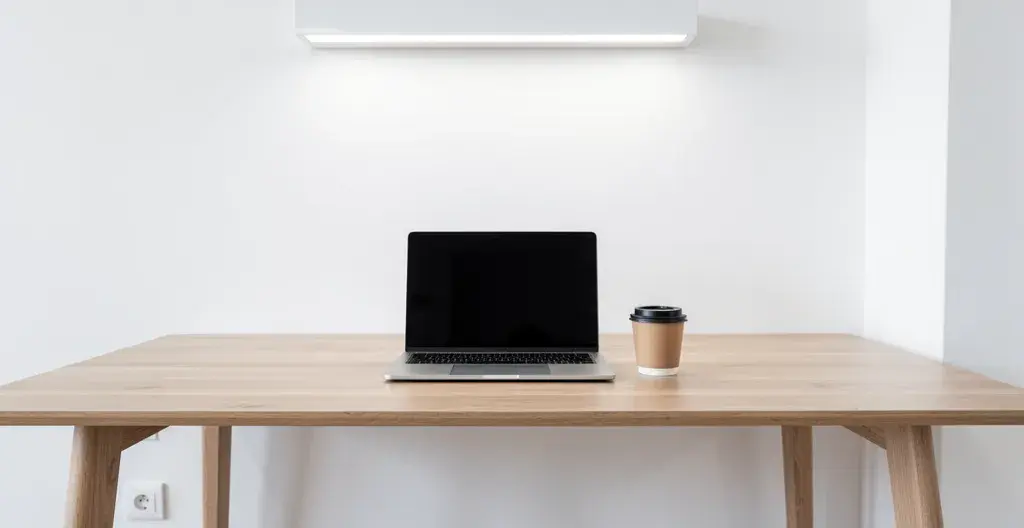 Espace de travail épuré avec laptop ouvert symbolisant la simplicité du portage salarial