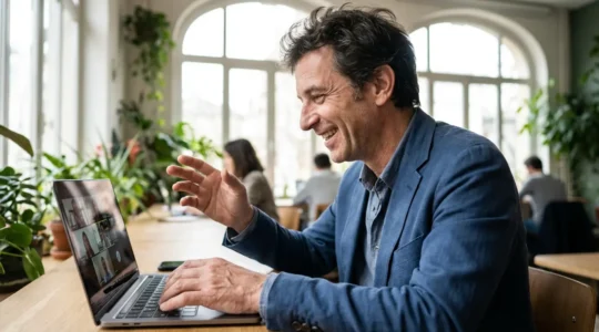 Consultant en portage salarial lors d'une visioconférence dans un espace de coworking lumineux