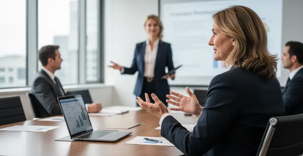 Professionnelle présentant un projet à un client en environnement corporate