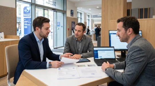 Conseiller bancaire accompagnant un entrepreneur dans l'ouverture d'un compte professionnel, documents administratifs et écran Cyberplus visibles sur le bureau d'une agence bancaire moderne