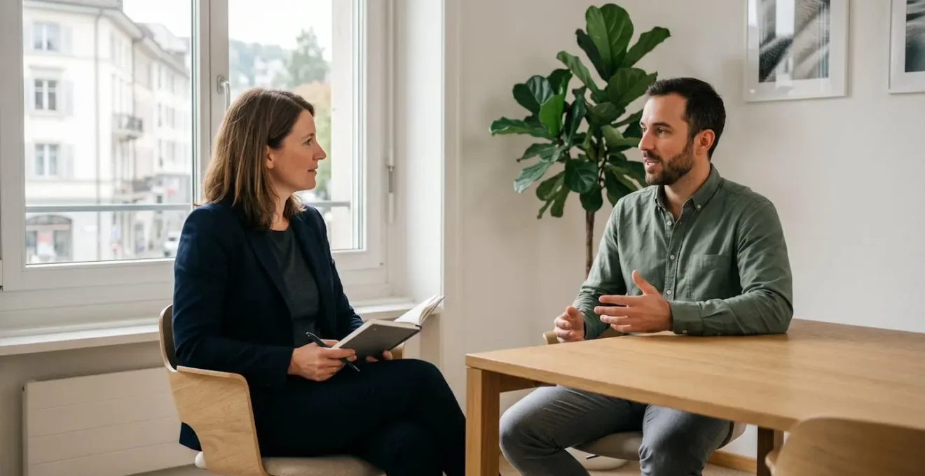 Entretien individuel entre une modératrice tenant un carnet et un répondant assis en angle dans un bureau moderne épuré, discussion naturelle en cours avec gestes d'expression