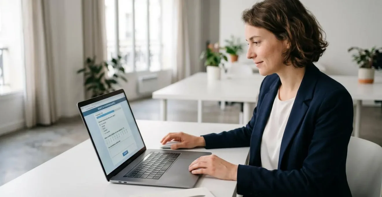 Femme complétant un questionnaire en ligne sur ordinateur portable, écran affichant une interface de sondage structurée avec échelles de notation et options à choix multiples