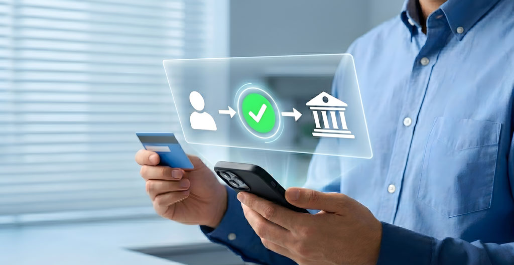 Entrepreneur utilisant l'application mobile professionnelle et l'interface Cyberplus Entreprise avec sa carte bancaire professionnelle Visa Business