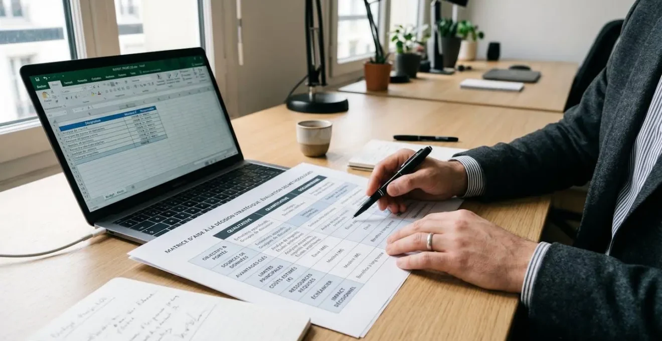 Trois professionnels réunis autour d'une table de travail couverte de documents imprimés, graphiques et tableaux comparatifs, en discussion stratégique collaborative