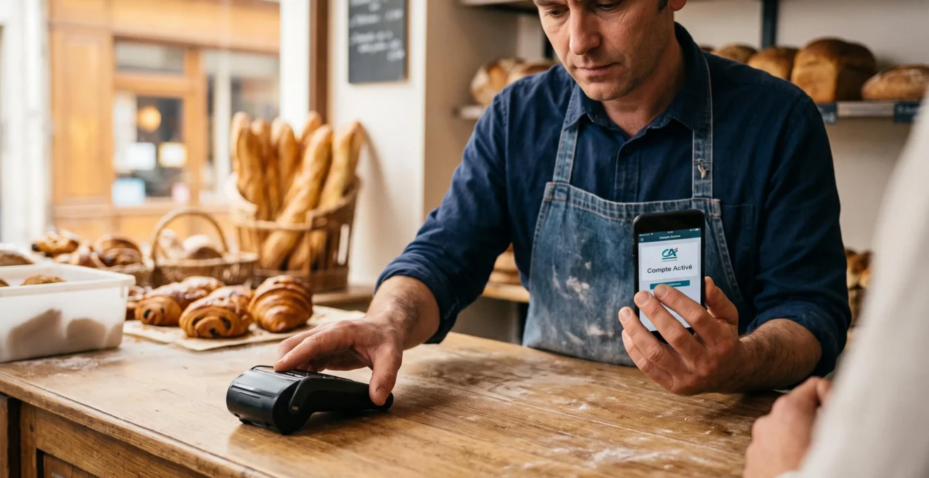 Les mains d'un boulanger utilisant son application bancaire professionnelle derrière le comptoir de sa boulangerie.