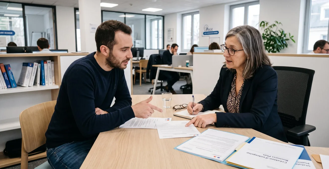 Entrepreneur en rendez-vous de conseil avec un accompagnateur professionnel dans un organisme de soutien à la création d'entreprise