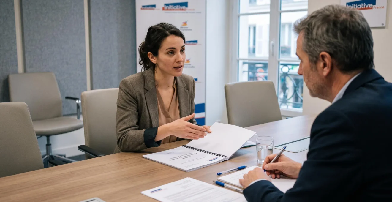 Entrepreneur présentant son dossier de demande de financement lors d'un entretien pour un prêt d'honneur