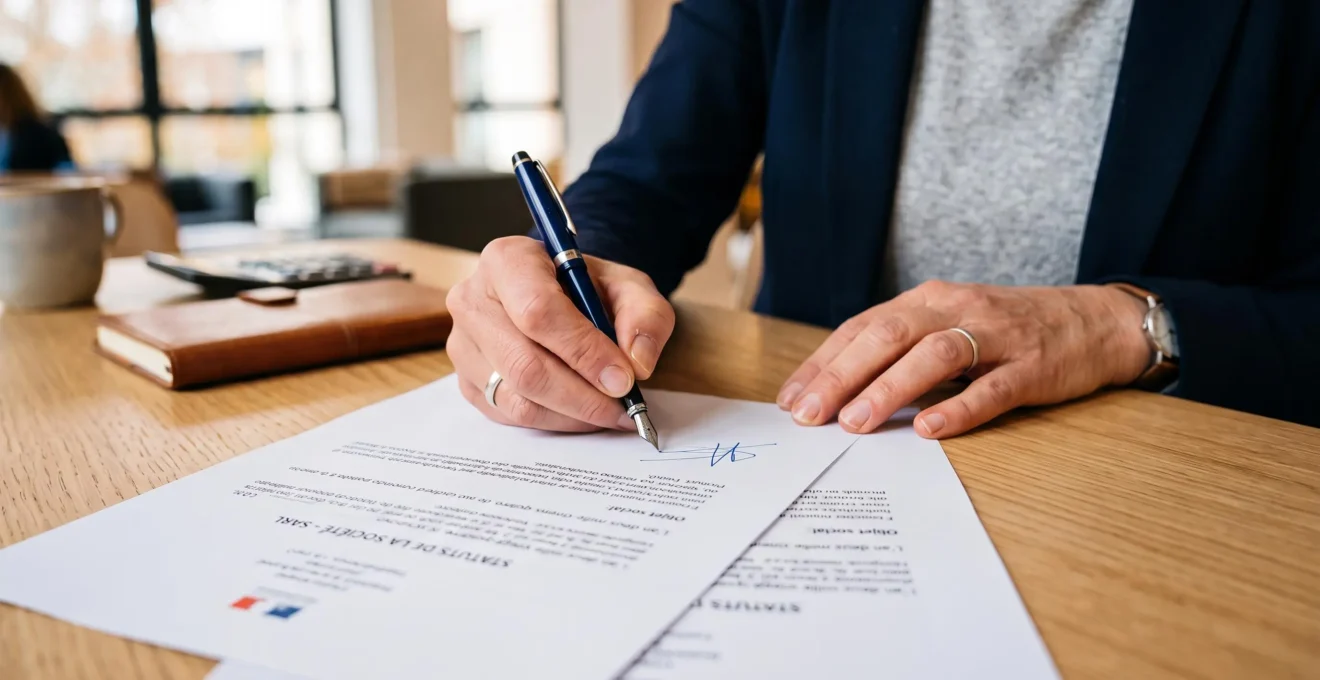 Mains d'entrepreneur signant des documents officiels de création d'entreprise sur un bureau
