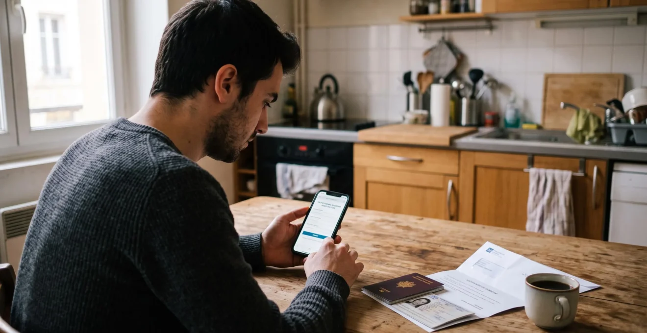 Un homme souscrit à un compte professionnel en ligne depuis son smartphone, pièces justificatives posées à côté.