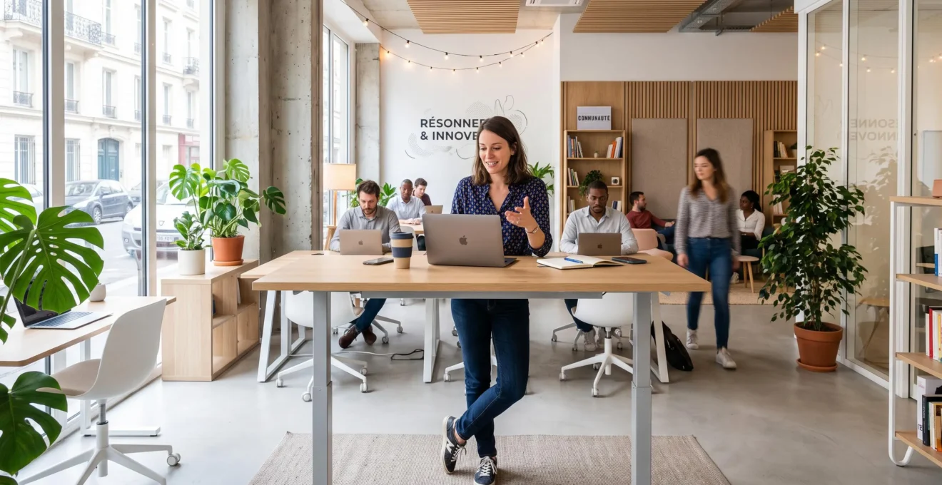 Entrepreneur travaillant dans un espace de coworking moderne et lumineux en France